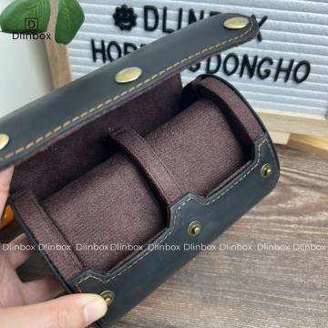 Hộp đồng hồ da ngựa thủ công hai ngăn màu đen