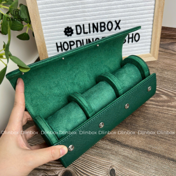 Hộp đựng đồng hồ da Pu vân chéo ba ngăn màu xanh lá 