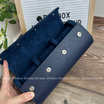 Hộp đựng đồng hồ da Pu vân chéo ba ngăn màu xanh dương