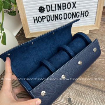 Hộp đựng đồng hồ da Pu vân chéo ba ngăn màu xanh dương
